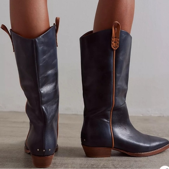 Free People Montage Cowboy Boots Black Leather Western Boots Size 40